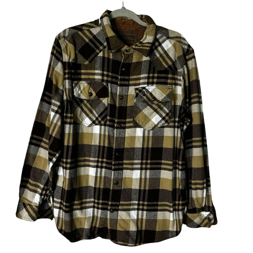 Legendary Stockyards Shirt Mens Large Brown Green‎ Plaid Flannel Shacket